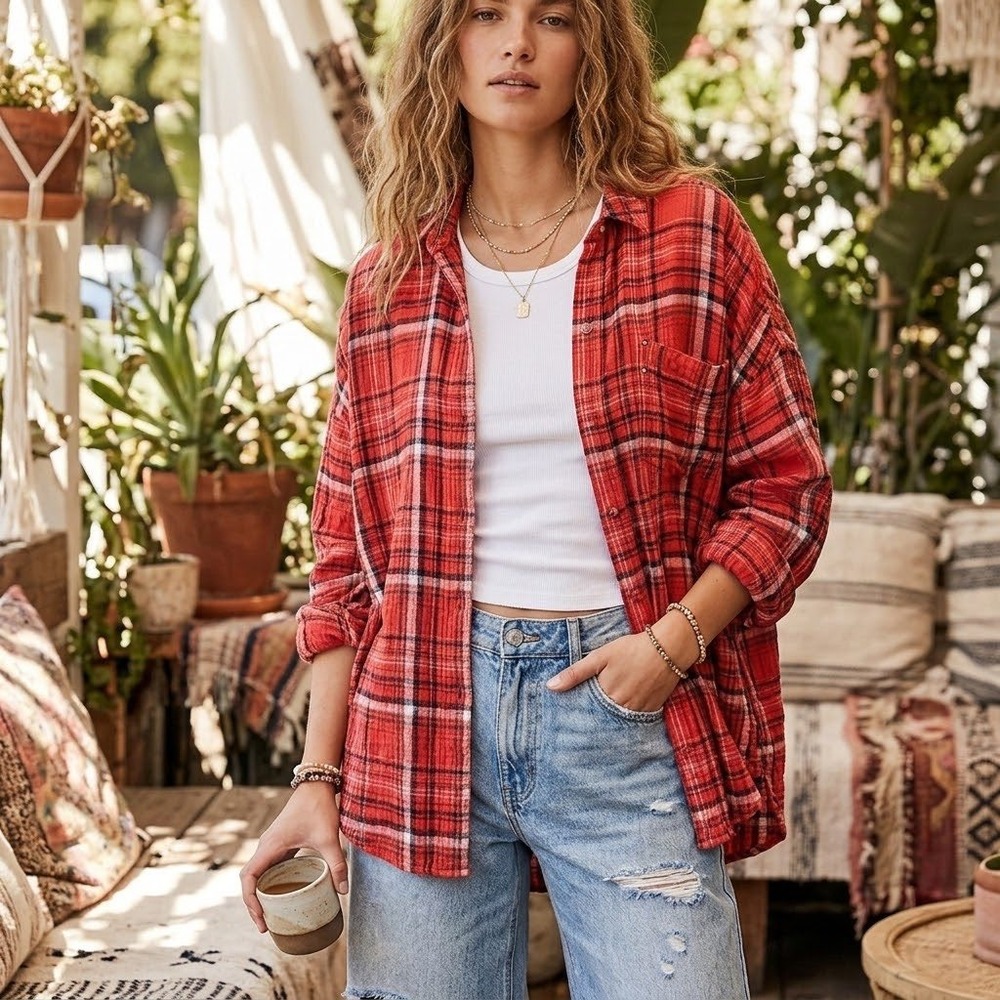 We The Free Red Plaid Grunge Boho Oversized Pocket Button Down Shirt M